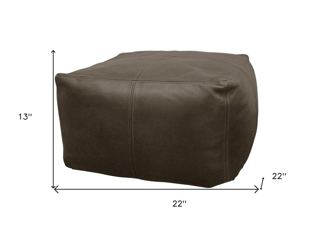 Gray Brown Distressed Leather Pouf Ottoman - 22-inch