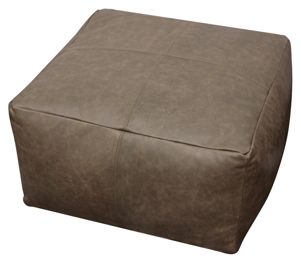 Gray Brown Distressed Leather Pouf Ottoman - 22-inch