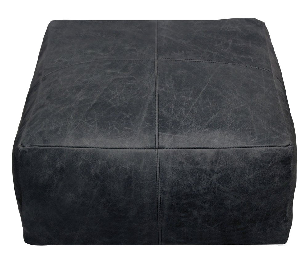 Black Distressed Leather Pouf Ottoman - 22-inch