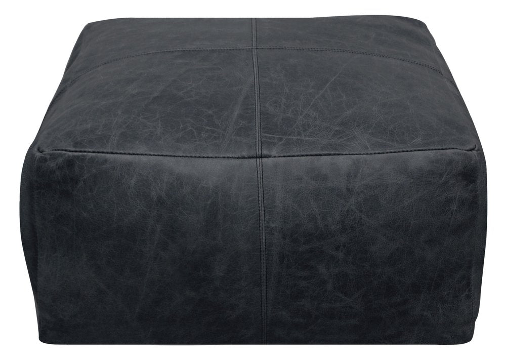 Black Distressed Leather Pouf Ottoman - 22-inch