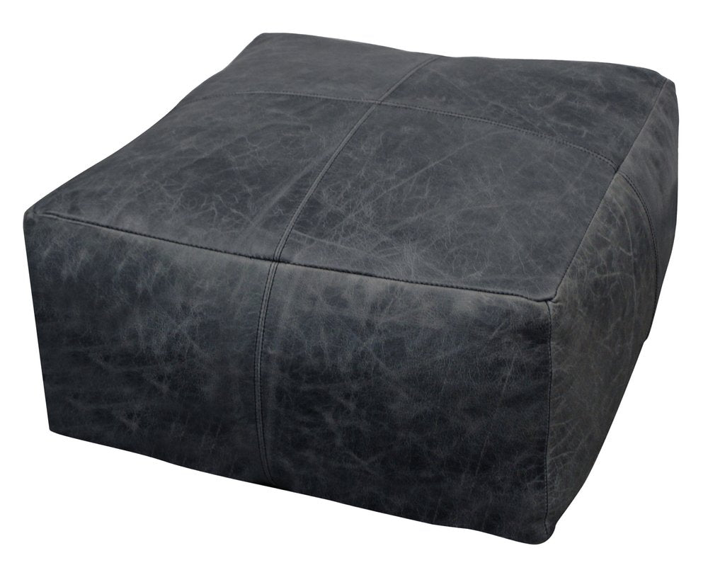 Black Distressed Leather Pouf Ottoman - 22-inch