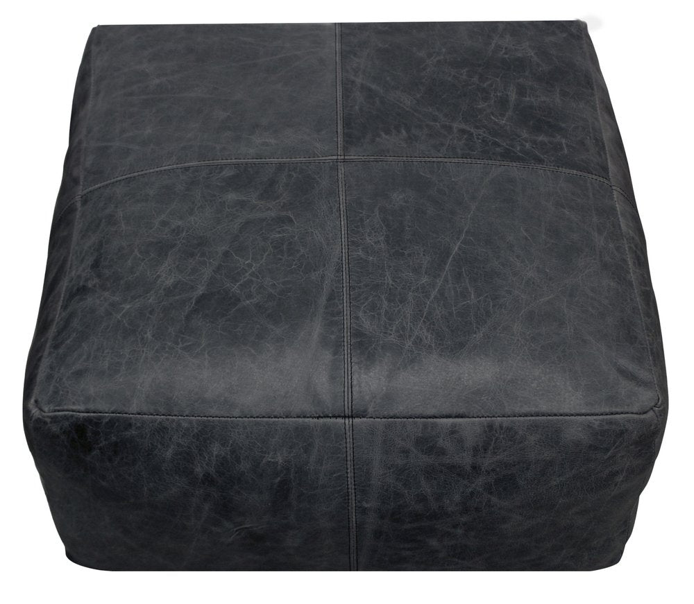 Black Distressed Leather Pouf Ottoman - 22-inch