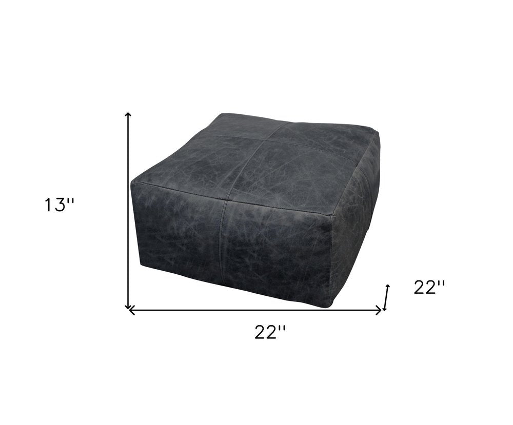 Black Distressed Leather Pouf Ottoman - 22-inch