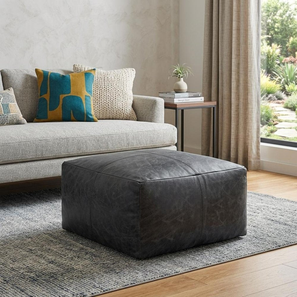 Black Distressed Leather Pouf Ottoman - 22-inch