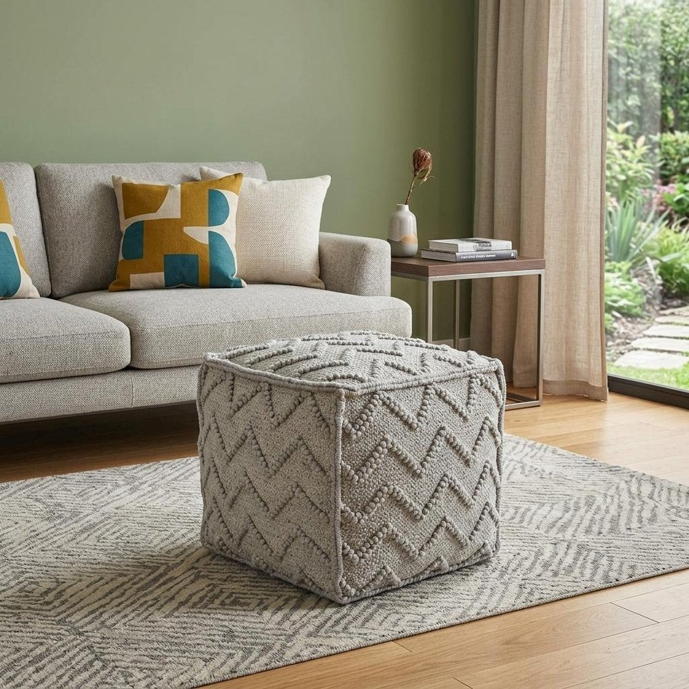Gray Wool Cotton Blend Cube Chevron Pouf Ottoman - 18-inch