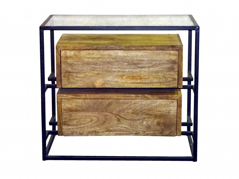 Natural Solid Wood and Glass Two Drawer Nightstand - 28-inch