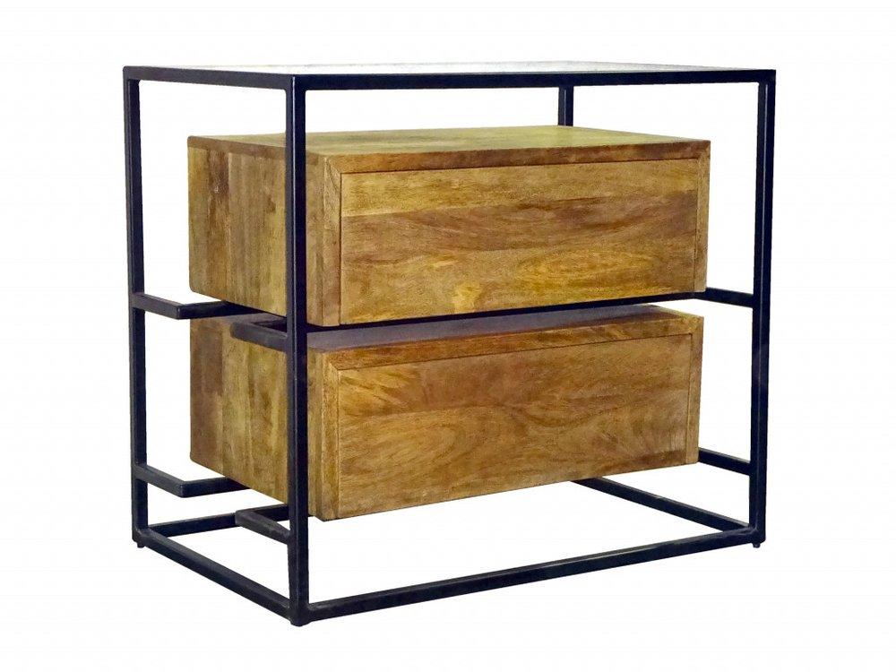 Natural Solid Wood and Glass Two Drawer Nightstand - 28-inch