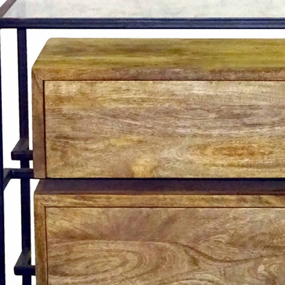 Natural Solid Wood and Glass Two Drawer Nightstand - 28-inch
