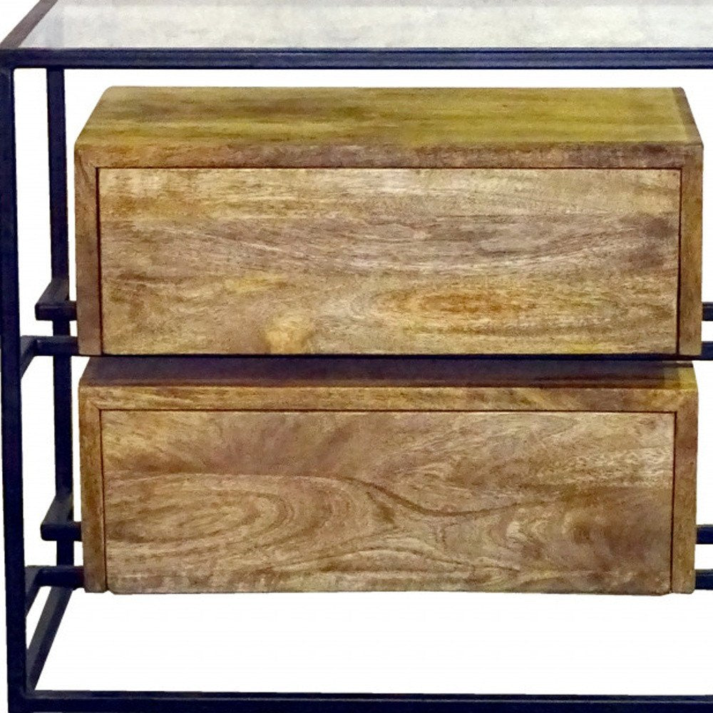 Natural Solid Wood and Glass Two Drawer Nightstand - 28-inch