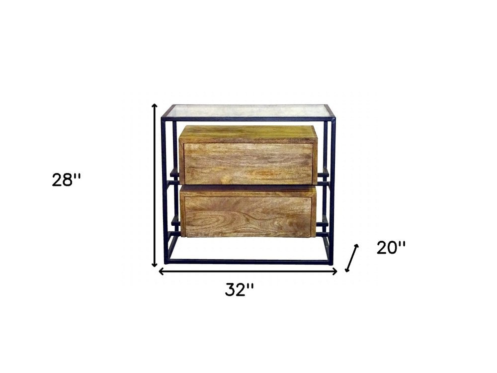 Natural Solid Wood and Glass Two Drawer Nightstand - 28-inch