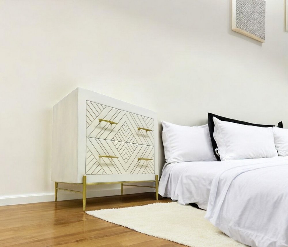 White Solid Wood Two Drawer Nightstand - 28-inch