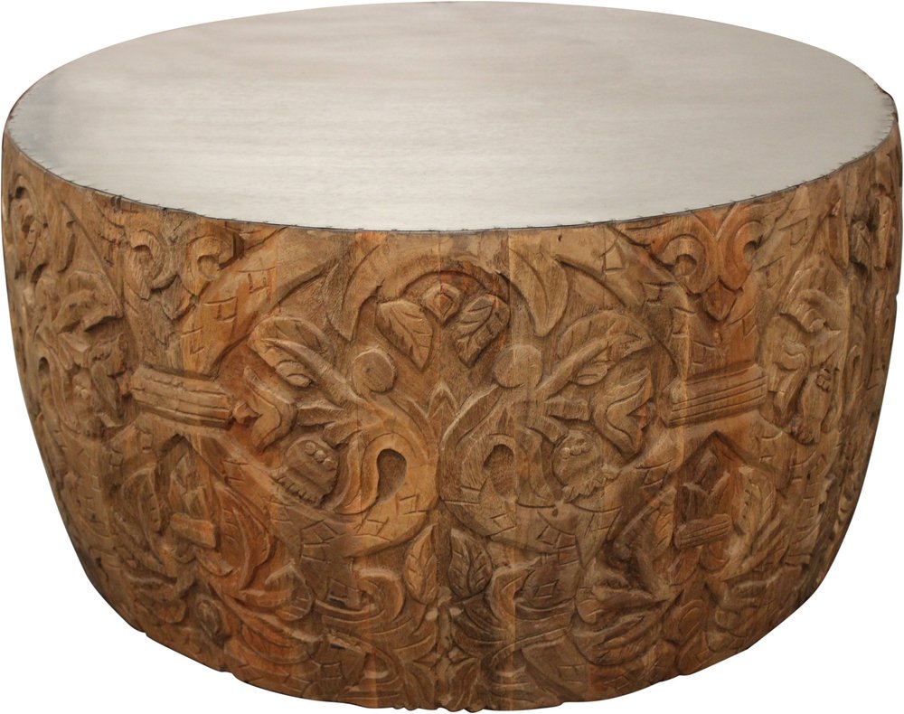 White and Natural Iron and Solid Wood Round Drum Coffee Table