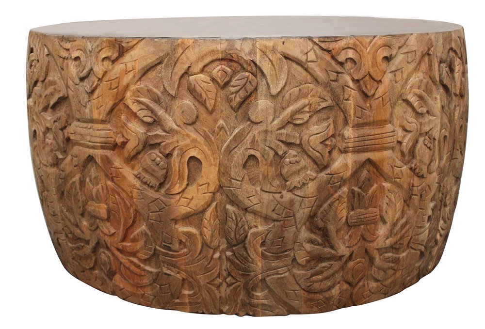 White and Natural Iron and Solid Wood Round Drum Coffee Table