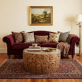 White and Natural Iron and Solid Wood Round Drum Coffee Table
