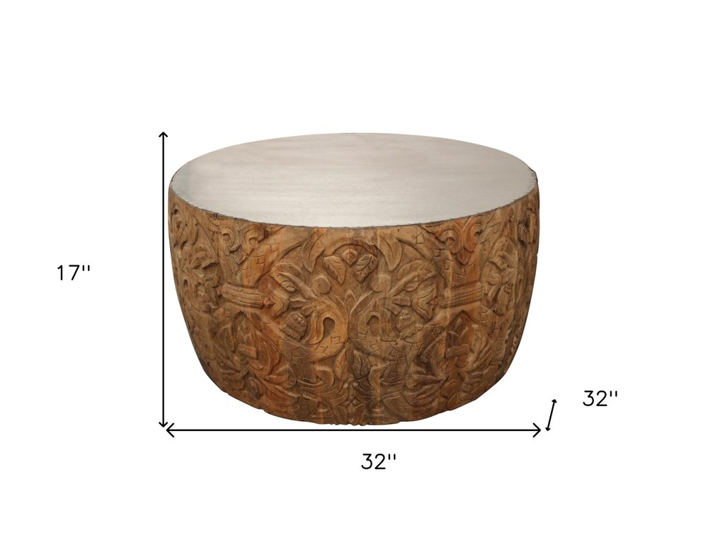 White and Natural Iron and Solid Wood Round Drum Coffee Table