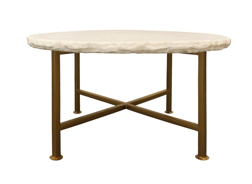 Ivory and Brass Genuine Marble and Iron Round Frame Coffee Table