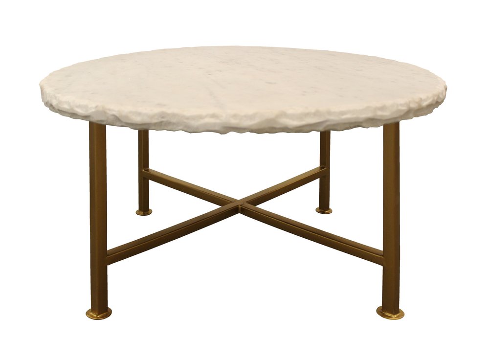 Ivory and Brass Genuine Marble and Iron Round Frame Coffee Table