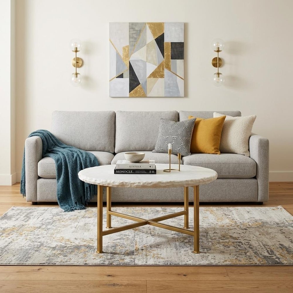Ivory and Brass Genuine Marble and Iron Round Frame Coffee Table