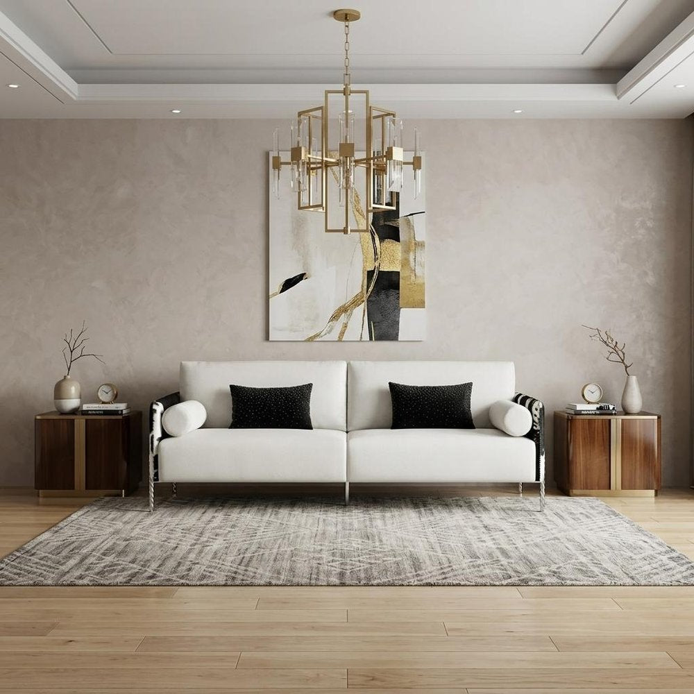 White Sofa and Toss Pillows with Silver Legs - 89-inch