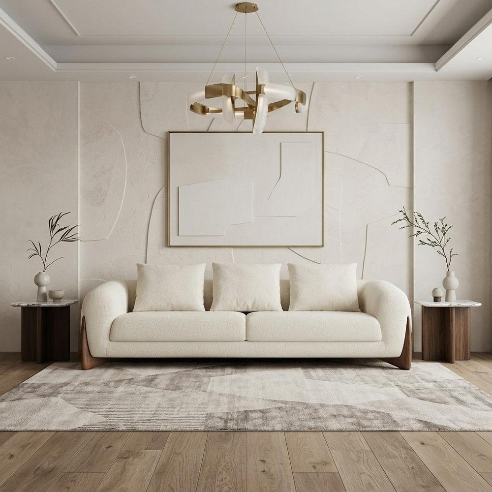 Cream Fabric Sofa with Wood Brown Legs - 100-inch