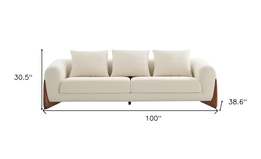 Cream Fabric Sofa with Wood Brown Legs - 100-inch