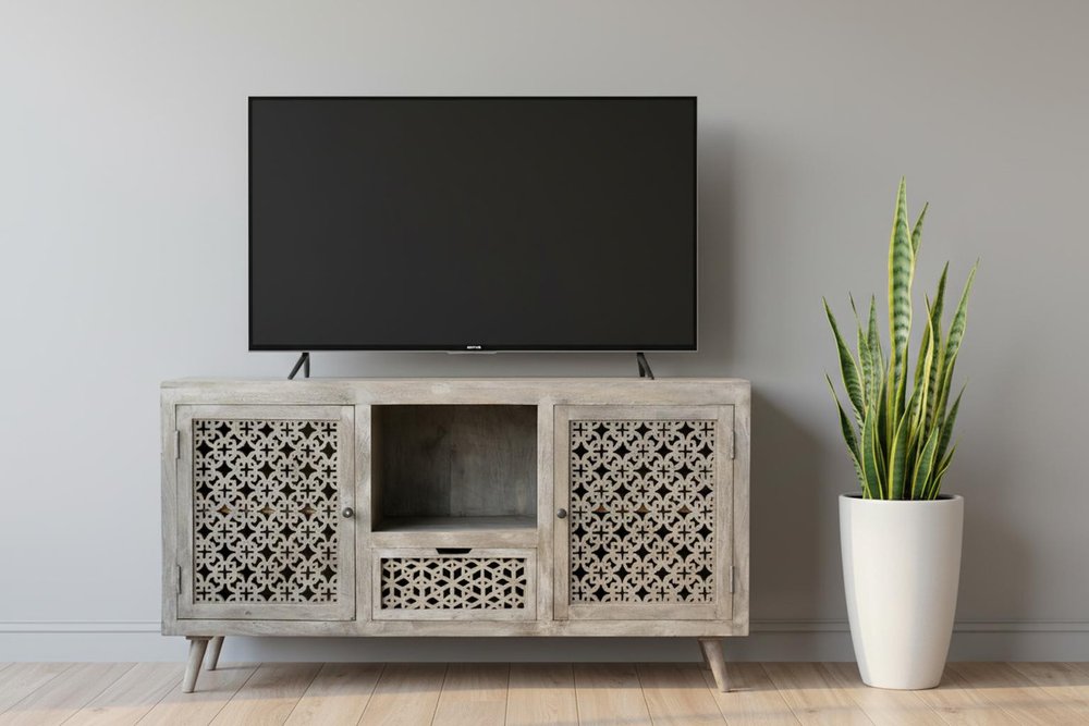 Gray Solid Wood Cabinet Enclosed Storage Worn TV Stand - 55-inch
