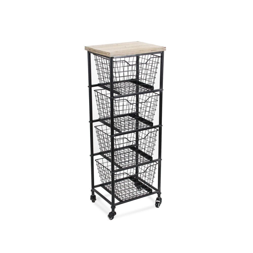 Black and Natural Metal and Wood Basket Storage Rolling Cabinet - 41-inch
