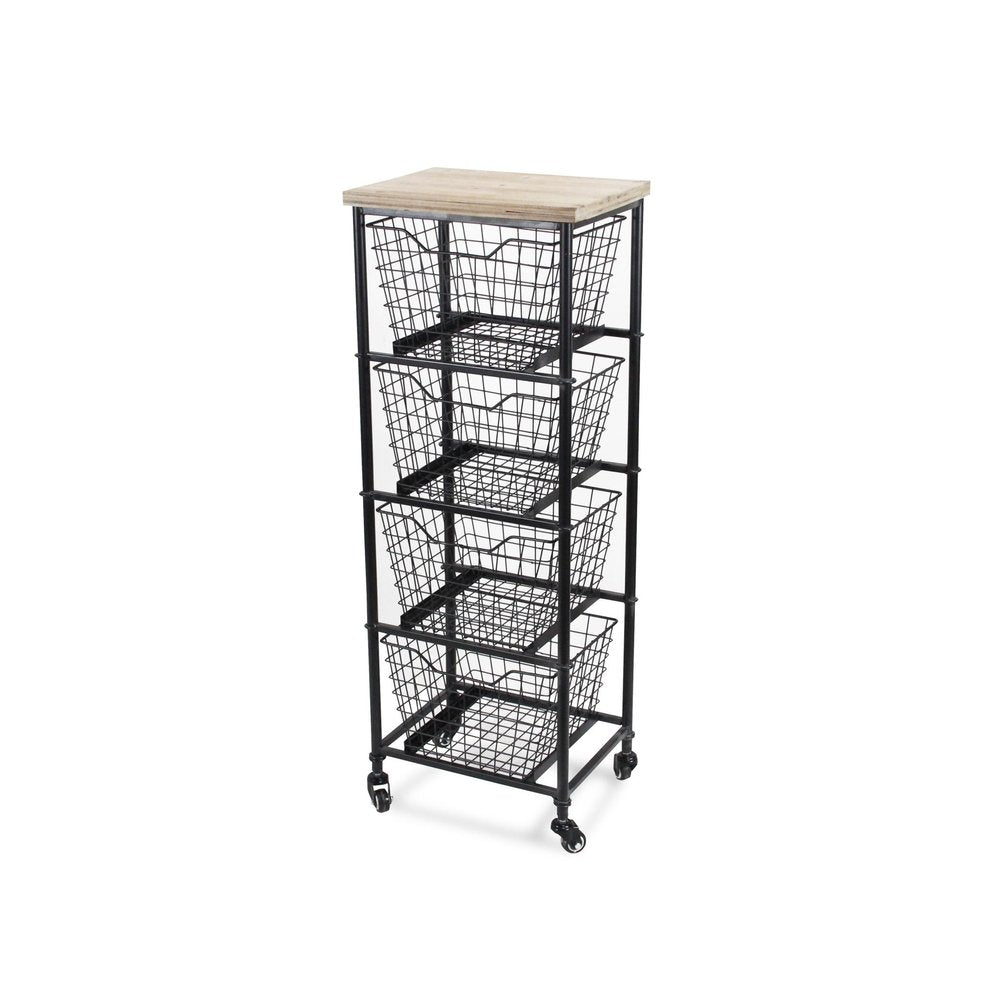 Black and Natural Metal and Wood Basket Storage Rolling Cabinet - 41-inch
