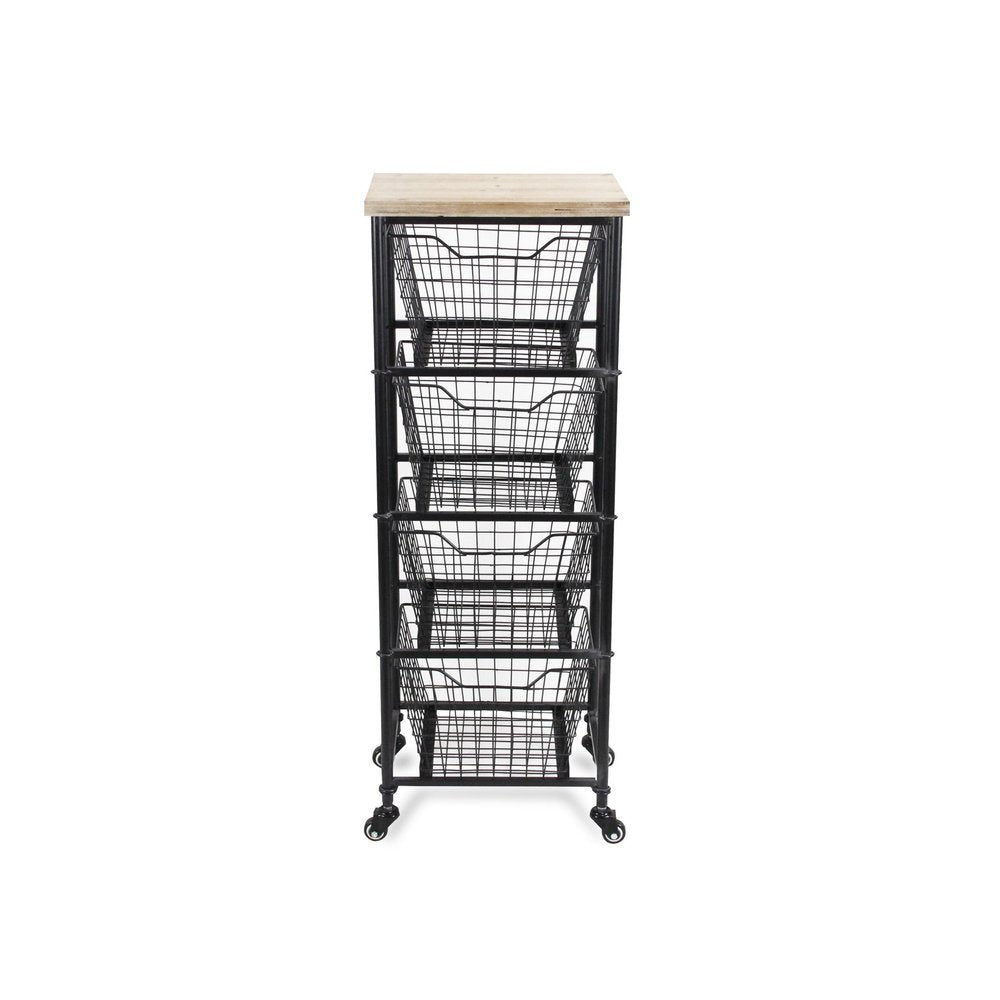 Black and Natural Metal and Wood Basket Storage Rolling Cabinet - 41-inch