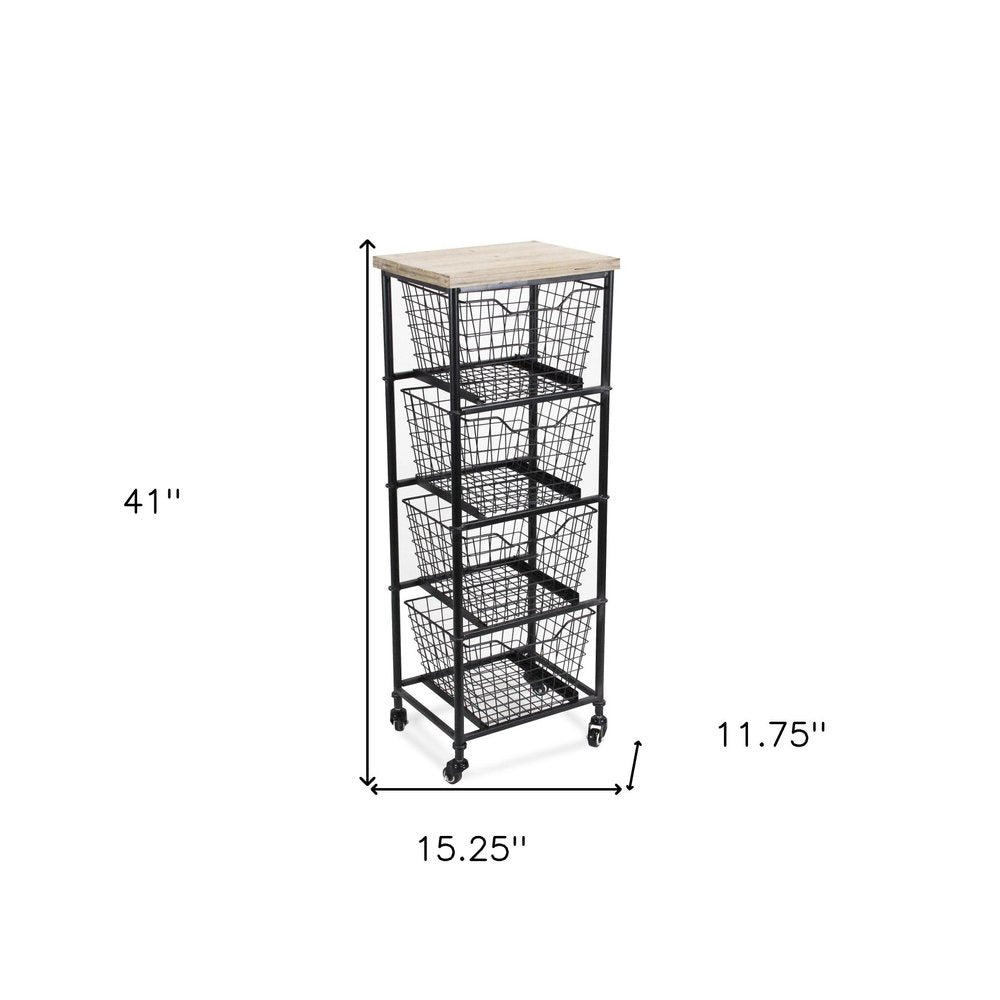 Black and Natural Metal and Wood Basket Storage Rolling Cabinet - 41-inch