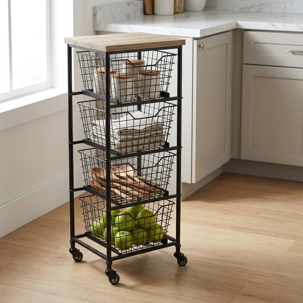 Black and Natural Metal and Wood Basket Storage Rolling Cabinet - 41-inch