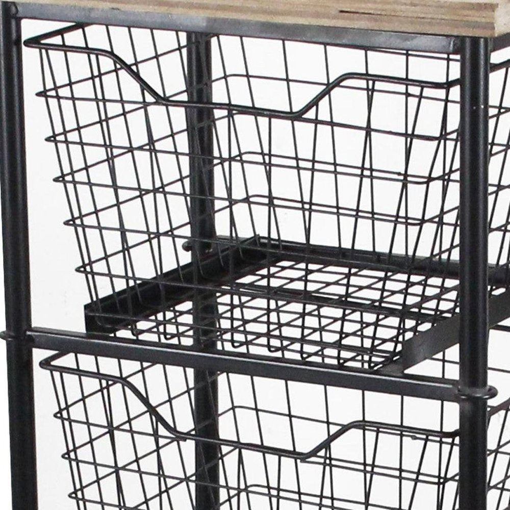 Black and Natural Metal and Wood Basket Storage Rolling Cabinet - 41-inch