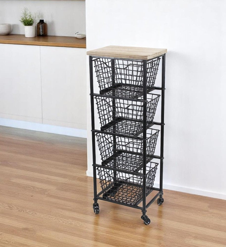 Black and Natural Metal and Wood Basket Storage Rolling Cabinet - 41-inch