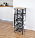 Black and Natural Metal and Wood Basket Storage Rolling Cabinet - 41-inch