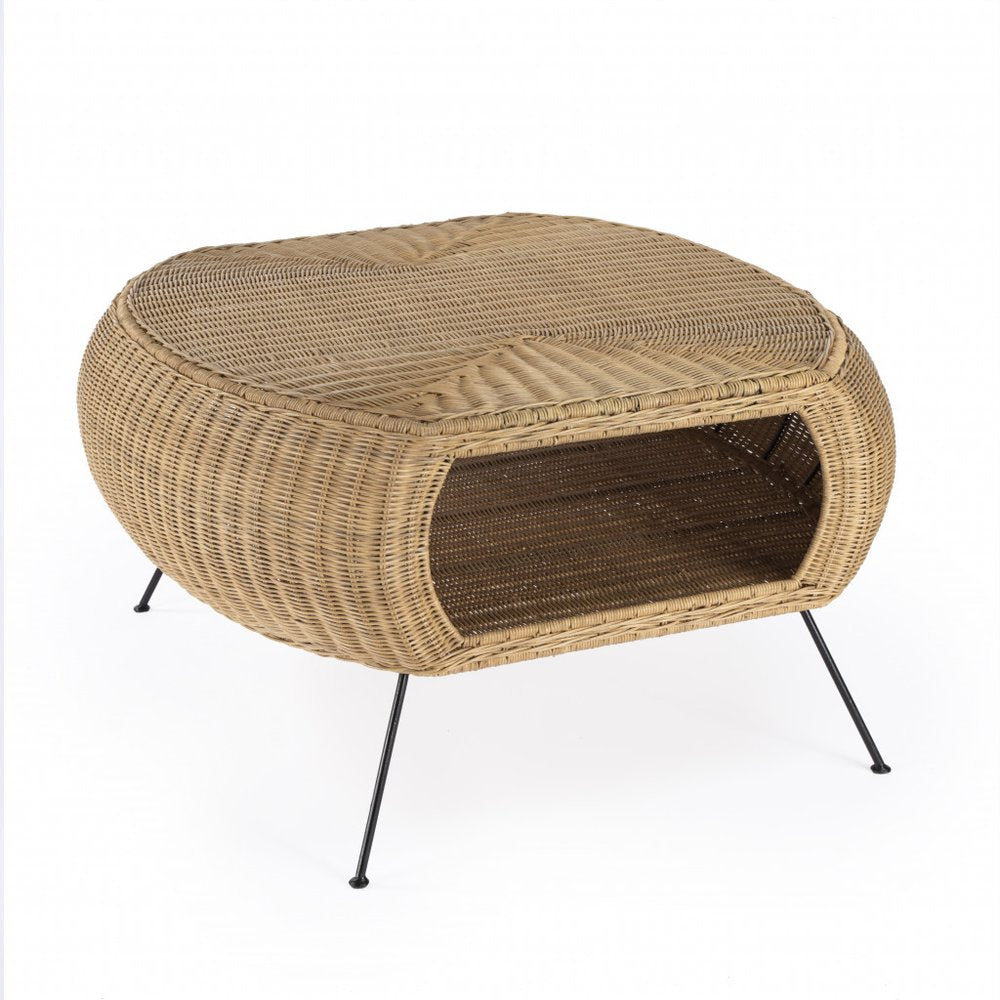 Natural and Black Rattan and Iron Oval Coffee Table - 38-inch