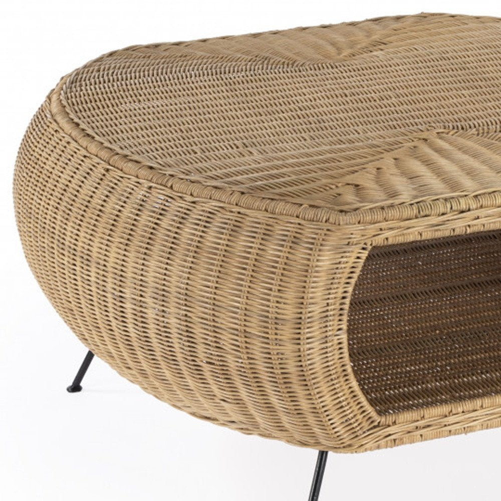 Natural and Black Rattan and Iron Oval Coffee Table - 38-inch