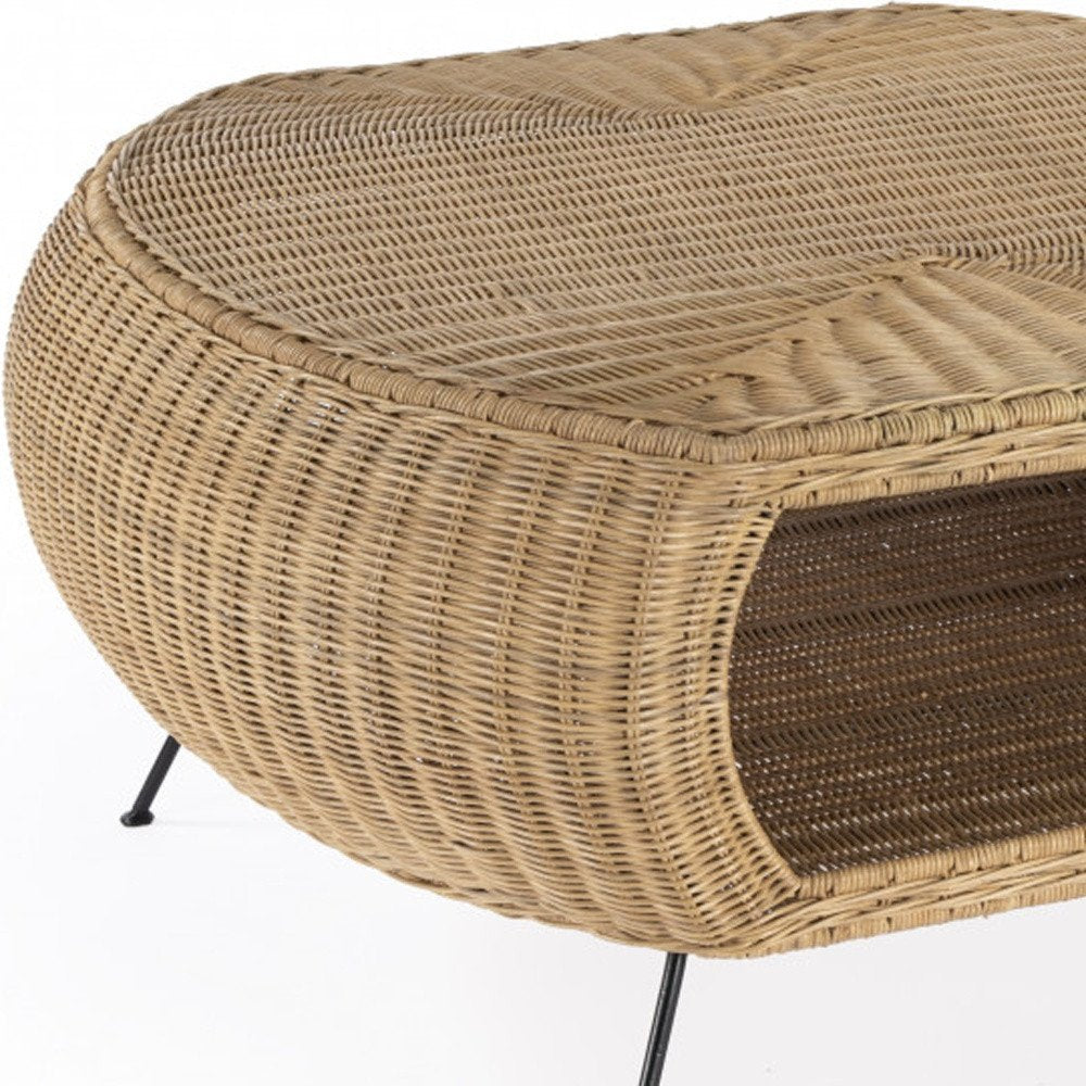 Natural and Black Rattan and Iron Oval Coffee Table - 38-inch