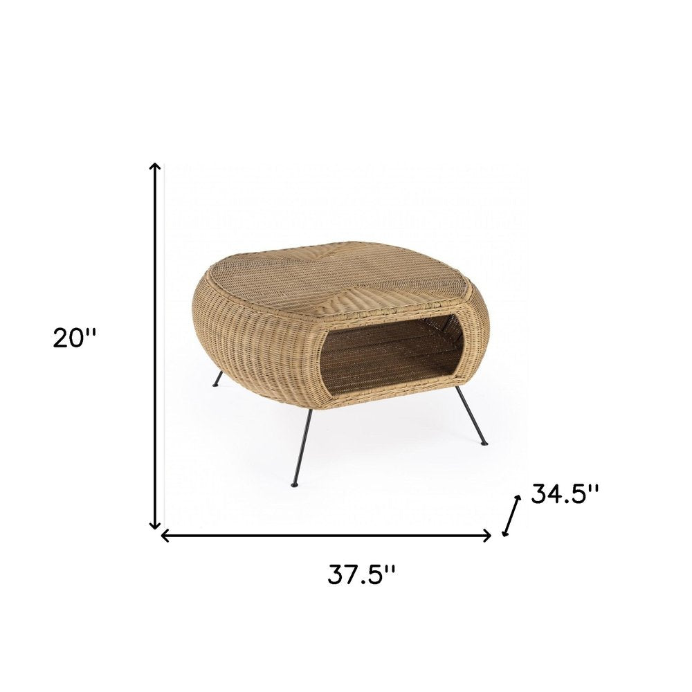 Natural and Black Rattan and Iron Oval Coffee Table - 38-inch