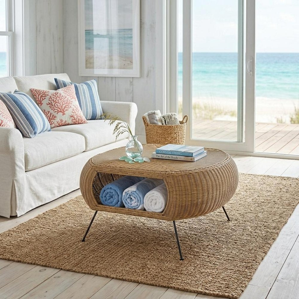 Natural and Black Rattan and Iron Oval Coffee Table - 38-inch