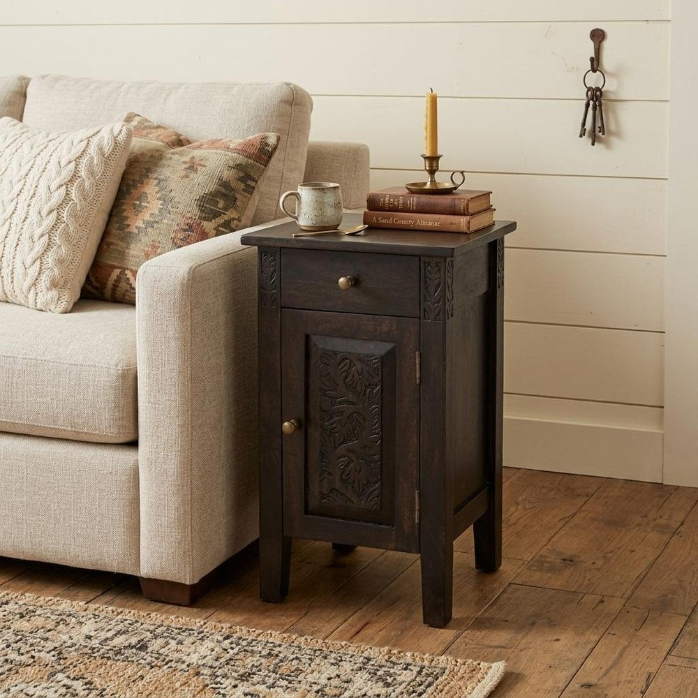 Natural Brown Solid Wood End Table with Door and Drawer - 24-inch