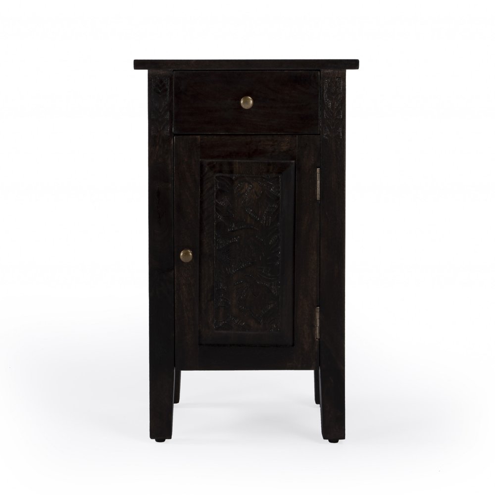 Natural Brown Solid Wood End Table with Door and Drawer - 24-inch