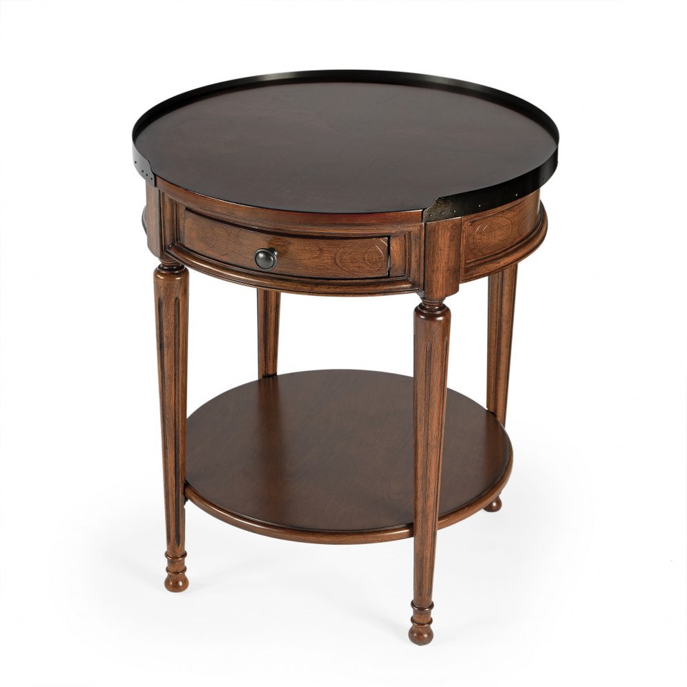 Medium Brown Manufactured Wood Round End Table with Drawer and Shelf
