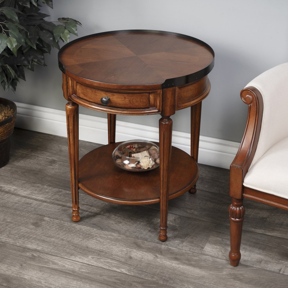 Medium Brown Manufactured Wood Round End Table with Drawer and Shelf