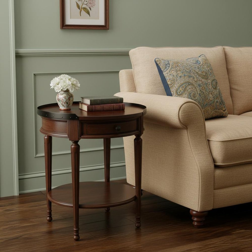 Medium Brown Manufactured Wood Round End Table with Drawer and Shelf