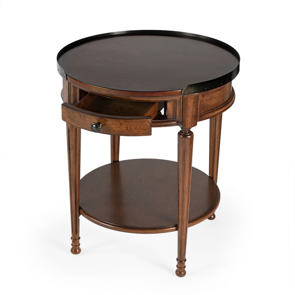 Medium Brown Manufactured Wood Round End Table with Drawer and Shelf