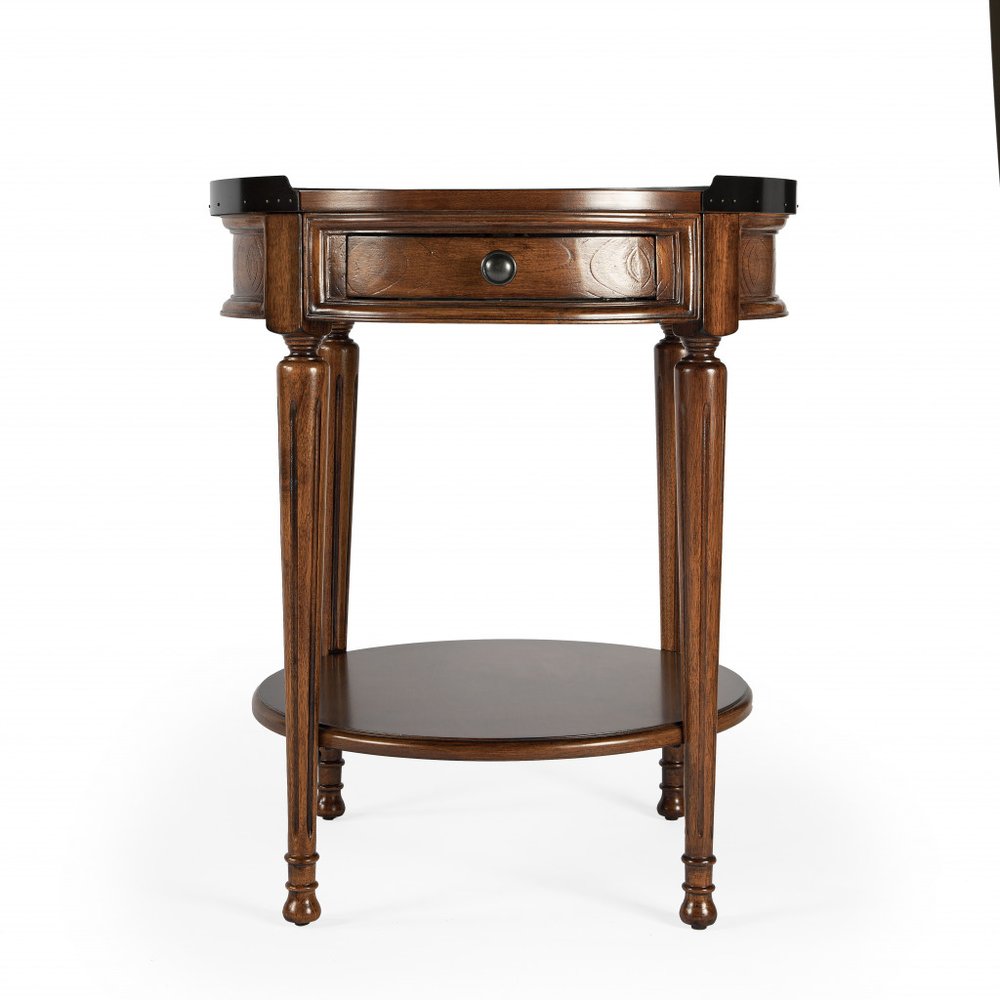 Medium Brown Manufactured Wood Round End Table with Drawer and Shelf
