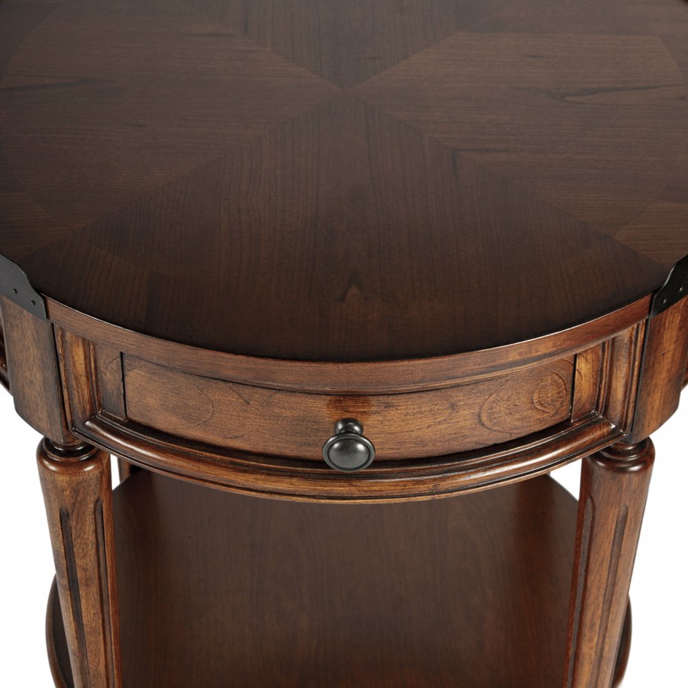 Medium Brown Manufactured Wood Round End Table with Drawer and Shelf