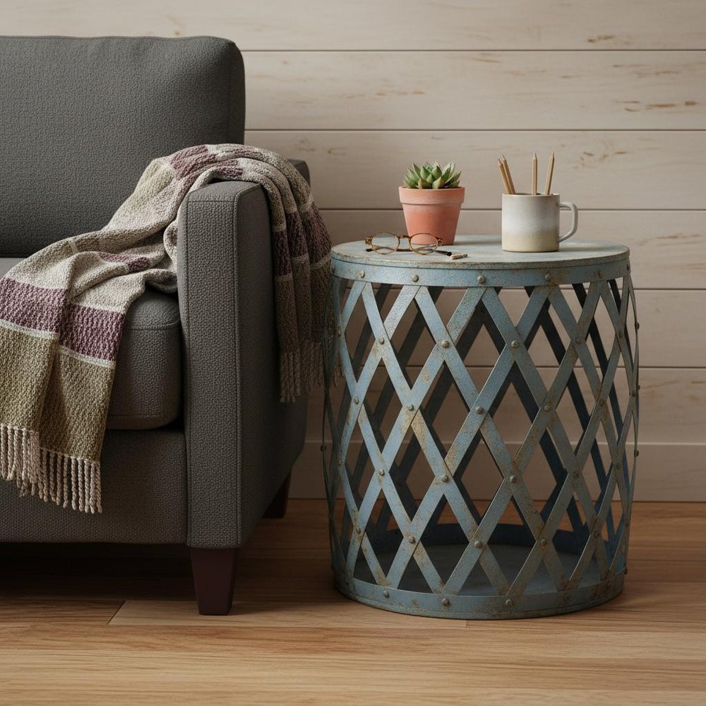 Rustic Blue Iron Lattice Round Top End Table - 17-inch