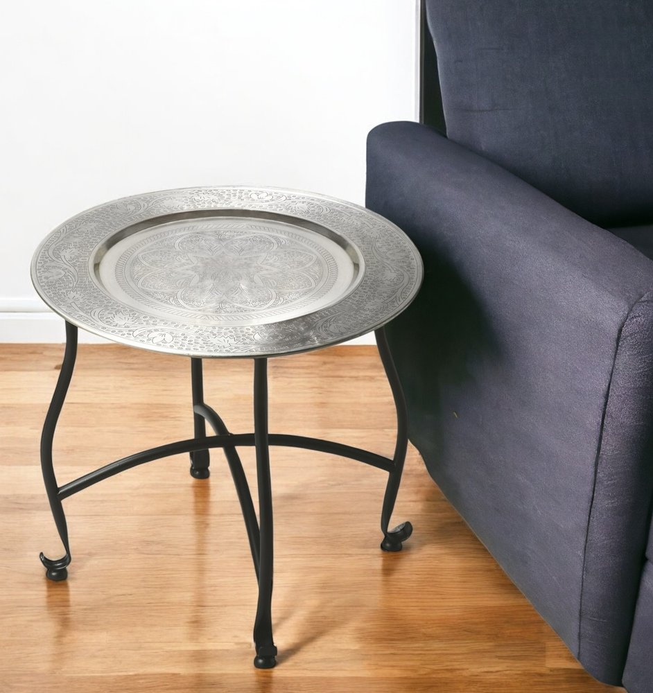 Black and Silver Aluminum Round End Table - 14-inch