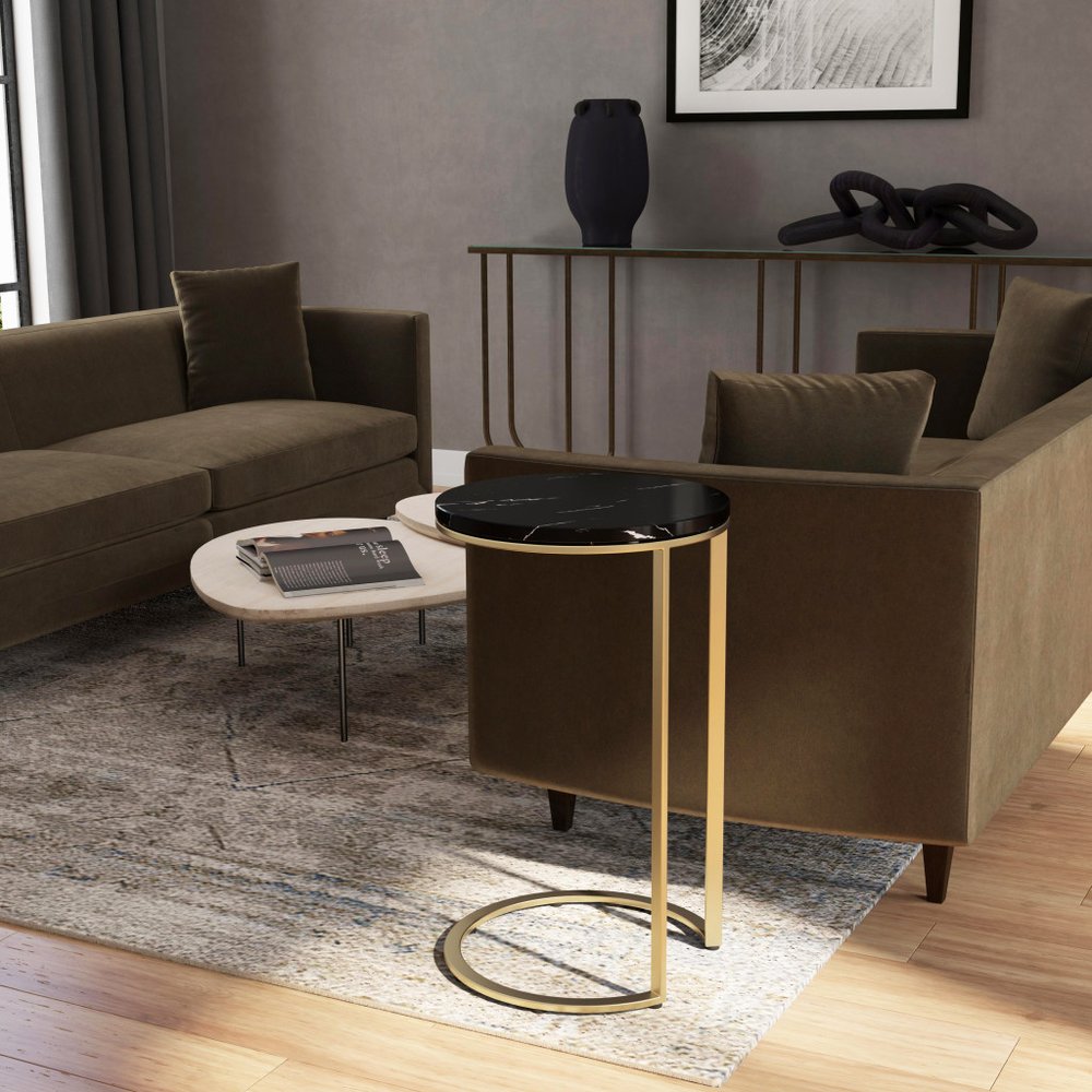 Black Marble Round End Table - 28-inch